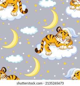 Patrón sin foco con tigres soñadores de noche sobre fondo gris. Ilustración vectorial para impresión, ducha de bebé, papel pintado, diseño, decoración, ropa de cama, vajilla y prendas de vestir para niños, papel de embalaje