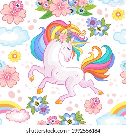 Seamless pattern with dreaming unicorn and flowers and clouds on white background. Vector illustration for party, print, baby shower, wallpaper, design, decor, goods,dishes, bed linen and kids apparel