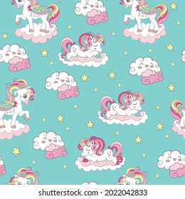 Seamless pattern with dreaming unicorns, clouds and stars on turquoise background. Vector illustration for party, print, baby shower, wallpaper, design, decor, dishes, bed linen and kids apparel