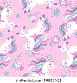 Seamless pattern with dreaming unicorns and flowers on pink background. Vector illustration for party, print, baby shower, wallpaper, design, decor, goods, dishes, bed linen and kids apparel