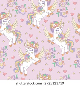 Seamless pattern dreaming unicorns and lettering make your dreams come true on a pink background. Cartoon vector illustration. For kids wallpaper, fabric design, backgrounds, wrapping paper, prints.