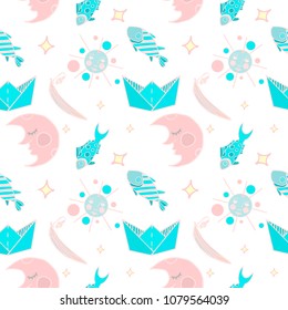 Seamless pattern with dreams objects. Lovely vector illustration and design for fabrics, textile, wallpaper and background.