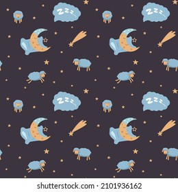 Seamless pattern for dreams. Sheep, a sleeping moon on the background of the starry sky.Color vector illustration.
