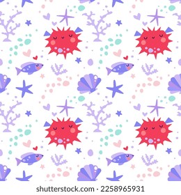 Seamless pattern with dreamy fishes on a white background.