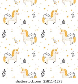 Seamless pattern with dreamy unicorns. Vector illustration for babies and kids. Boho unicorn in neutral colours pattern for newborn.