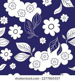 In a seamless pattern, dreamy white and blue flowers, leaves and clouds intertwine. Perfect for a serene and whimsical design.