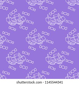 Seamless pattern with dreidel, sevivon, coins, sweets. Jewish holiday Hanukkah. Child game.