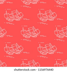 Seamless pattern with dreidel, sevivon, coins. Jewish holiday Hanukkah. Child game.