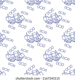 Seamless pattern with dreidel, sevivon, coins, sweets. Jewish holiday Hanukkah. Child game.