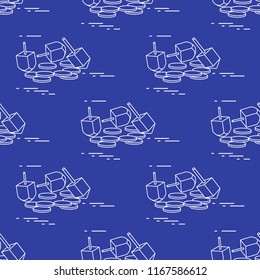 Seamless pattern with dreidel, sevivon, coins. Jewish holiday Hanukkah. Child game.