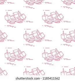 Seamless pattern with dreidel, sevivon, coins. Jewish holiday Hanukkah. Child game.