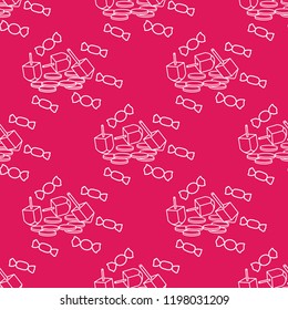Seamless pattern with dreidel, sevivon, coins, sweets. Jewish holiday Hanukkah. Child game.