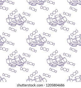 Seamless pattern with dreidel, sevivon, coins, sweets. Jewish holiday Hanukkah. Child game.