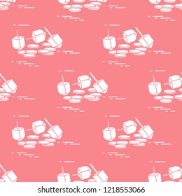Seamless pattern with dreidel, sevivon, coins. Jewish holiday Hanukkah. Child game.