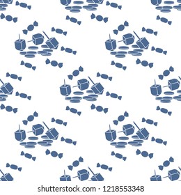 Seamless pattern with dreidel, sevivon, coins, sweets. Jewish holiday Hanukkah. Child game.