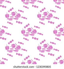 Seamless pattern with dreidel, sevivon, coins, sweets. Jewish holiday Hanukkah. Child game.