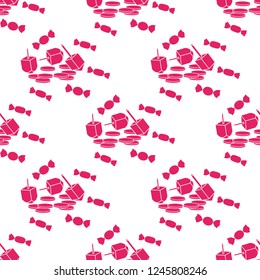 Seamless pattern with dreidel, sevivon, coins, sweets. Jewish holiday Hanukkah. Child game.