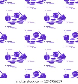 Seamless pattern with dreidel, sevivon, coins. Jewish holiday Hanukkah. Child game.