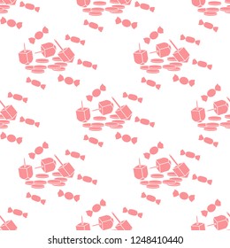 Seamless pattern with dreidel, sevivon, coins, sweets. Jewish holiday Hanukkah. Child game.