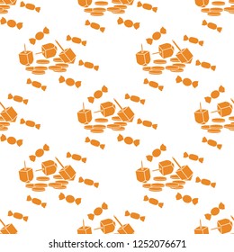 Seamless pattern with dreidel, sevivon, coins, sweets. Jewish holiday Hanukkah. Child game.