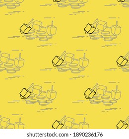 Seamless pattern with dreidel, sevivon, coins. Jewish holiday Hanukkah. Child game. Illuminating and Ultimate Gray.