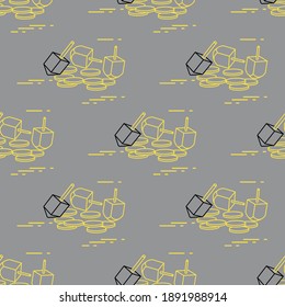 Seamless pattern with dreidel, sevivon, coins. Jewish holiday Hanukkah. Child game. Illuminating and Ultimate Gray.