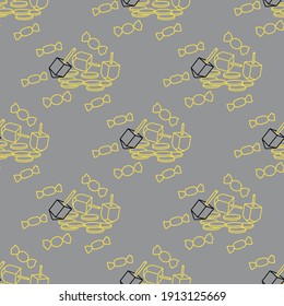 Seamless pattern with dreidel, sevivon, coins, sweets. Jewish holiday Hanukkah. Child game. Illuminating and Ultimate Gray.