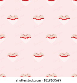 Patrón sin foco. Vestido y cuentas en forma de corazón sobre fondo pastel con texto. Día de San Valentín. Ilustración vectorial.