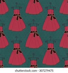 Seamless pattern dress on a blue background with polka dots
