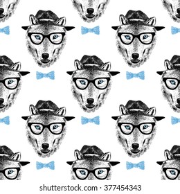 seamless pattern with dressed up hand drawn wolf hipster