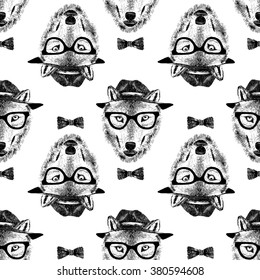 seamless pattern with dressed up hand drawn wolf hipster