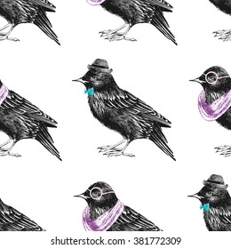 seamless pattern with dressed up hand drawn starling