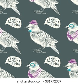 seamless pattern with dressed up hand drawn starling