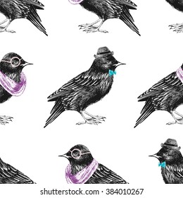 seamless pattern with dressed up hand drawn starling