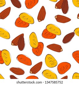 Seamless pattern of dried apricots and dates. Dried fruits seamless pattern of sweet dry fruit snacks. Vector desserts for fruit shop or market design. Vector illustration.