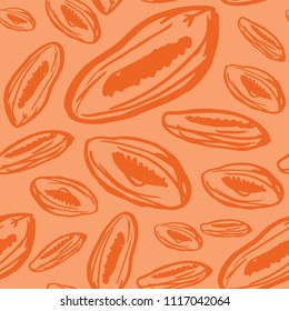 Seamless pattern with dried apricots on orange background.
