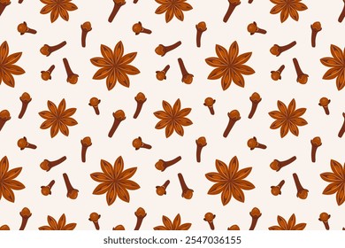Seamless pattern with dried clove seeds and star anise. Sweet cooking and bakery spices. Vector illustration in trendy flat style