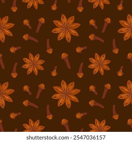 Seamless pattern with dried clove seeds and star anise on brown background. Sweet cooking and bakery spices. Vector illustration in trendy cartoon flat style