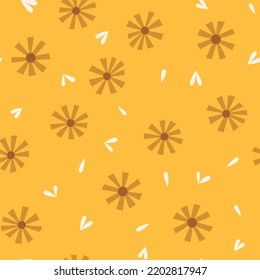 Seamless pattern with dried ditsy flowers with white leaves and little hearts on yellow background. Simple floral seamless background. Simple flower print for textile, home nursery wallpaper.