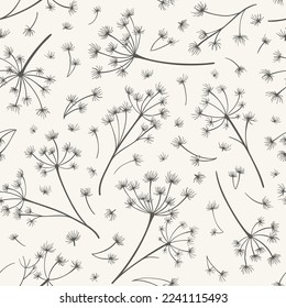 Seamless pattern with dried flowers. Black and White. Vector botanical illustration. Vintage background. Sketch.