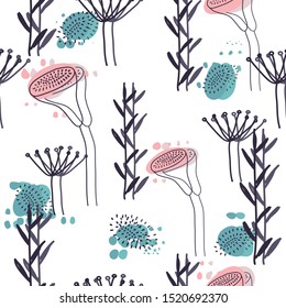 Seamless pattern of dried flowers, twigs and seeds on a white background.