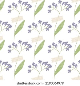 Seamless pattern with dried flowers and washi tape. Floral forget-me-not background