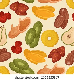 Seamless Pattern with Dried Fruits, Including Raisins, Apricots, And Figs, Strawberry, Pineapple or Mango Arranged In A Repetitive Design. Perfect For Packaging or Textile. Cartoon Vector Illustration