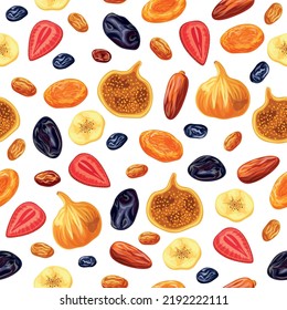 Seamless pattern with dried fruits isolated on white background. Vector illustration of dried fruits raisins, strawberries, figs, prunes, banana, dates,dried apricots