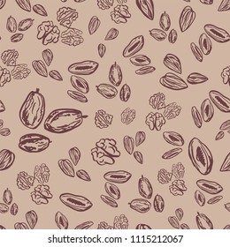 Seamless pattern with dried fruits and nuts on the light background. Cute simple sketch template.
