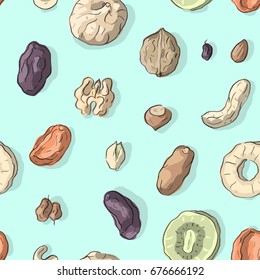 Seamless pattern with dried fruits and nuts
