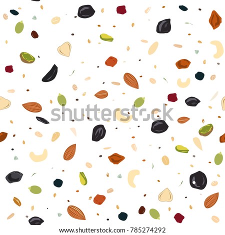 Seamless pattern with dried fruits, nuts, oatmeal, and seeds. Healthy food, granola background, Vector illustartion