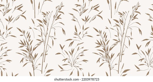 Seamless pattern with dried grass. Natural tones. Beige ornament and white background. Vector botanical illustration. Engraving style.