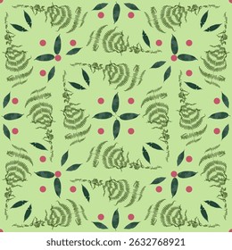 Seamless pattern with dried green fern leaves on pastel background. Wild forest plant wallpaper. Boho botanical texture. Ecological and natural design.