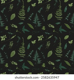 Seamless pattern with dried green leaves and flowers on black background. Wild field plants wallpaper. Boho botanical texture. Ecological and natural design.